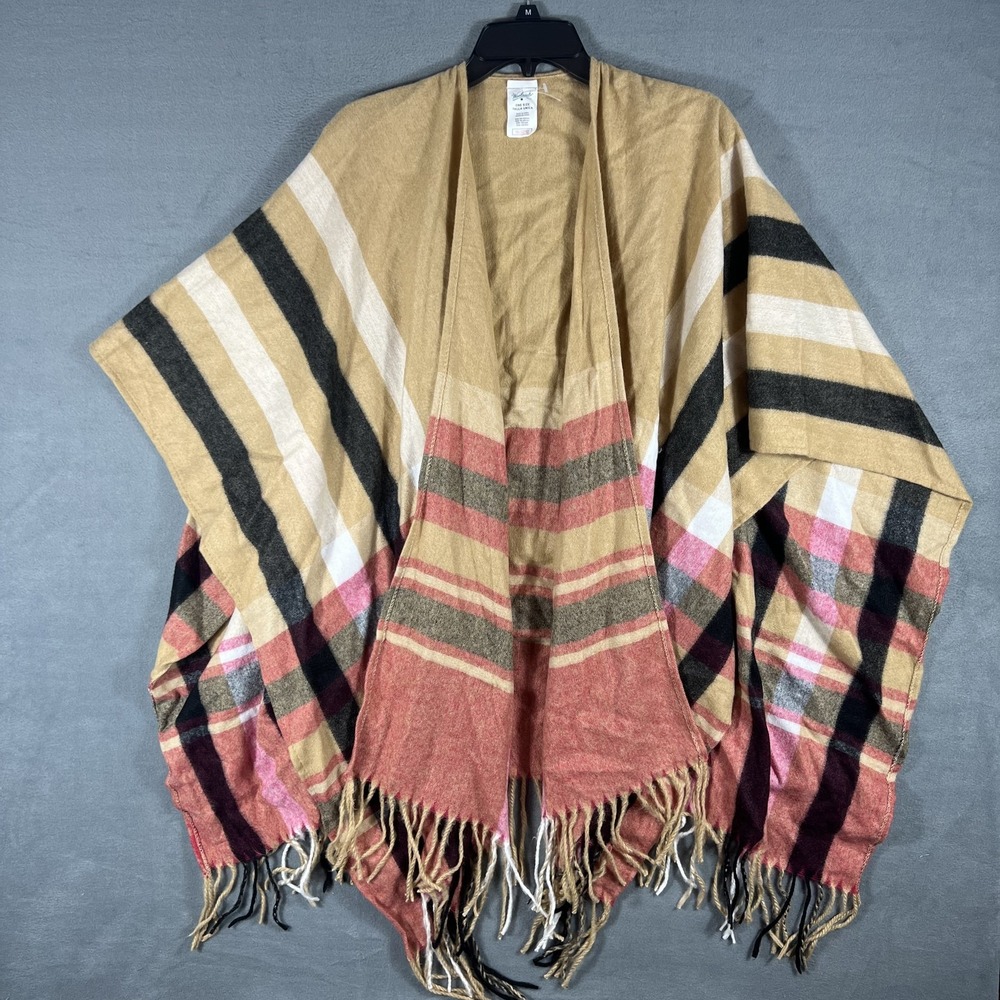 Woolrich Women's Tan Striped Plaid Fringe Open Front Poncho Wrap Shawl One Size